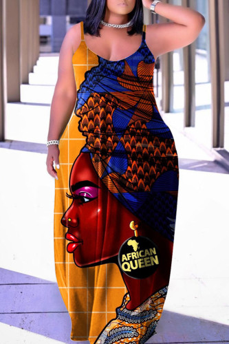 Orange Casual Print Patchwork Spaghetti Strap Lantern Skirt Plus Size Dresses