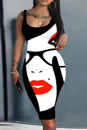 Red Black Sexy Street Print Patchwork U Neck Pencil Skirt Dresses