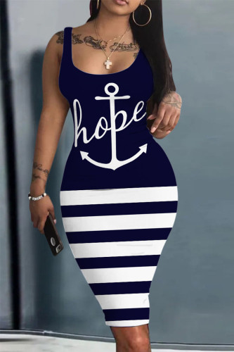 Navy Casual Print Patchwork U Neck One Step Skirt Dresses
