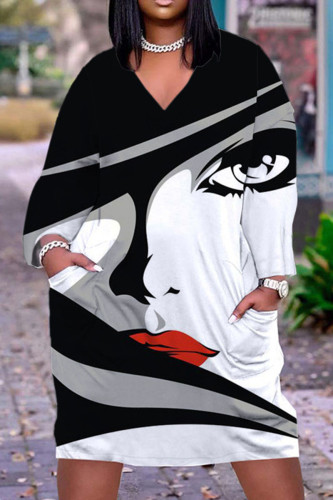 Abiti eleganti stampati con scollo a V patchwork con stampa casual da strada grigio nero