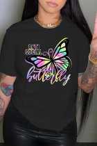 T-shirts à col rond en patchwork à imprimé papillon quotidien sexy noirs