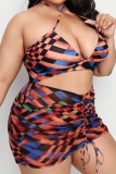 Multicolor Sexy Print Bandage Backless Halter Plus Size Swimwear Three Piece Set (With Paddings)