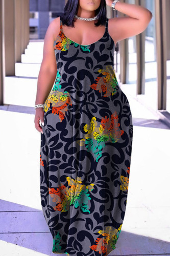 Grey Casual Print Patchwork Spaghetti Strap Lantern Skirt Plus Size Dresses