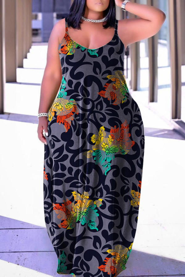 Серая повседневная юбка-фонарик на тонких бретелях с принтом в стиле пэчворк Платья больших размеров