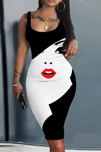 Black And White Sexy Street Flag Print Patchwork U Neck Pencil Skirt Tank Bodycon Midi Dresses