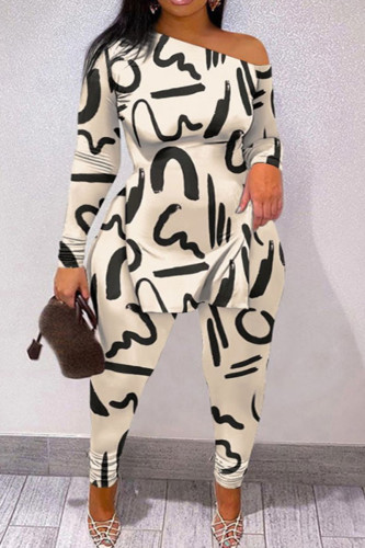 Milky Casual Street Print Patchwork Slit Oblique Collar Plus Size Two Pieces