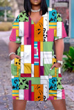 Lichtbruine casual print patchwork jurk met V-hals en korte mouwen