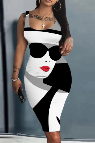 Black Gray Sexy Street Flag Print Patchwork U Neck Pencil Skirt Tank Bodycon Midi Dresses