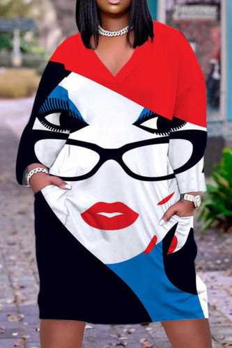 Red Blue Casual Street Print Patchwork V Neck Printed Dress Dresses