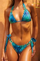 Blue Sexy Print Solid Bandage Backless Swimwears (With Paddings)