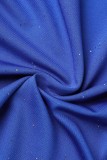Robes de jupe en une étape à col carré en patchwork uni décontracté bleu