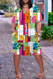 Lichtbruine casual print patchwork jurk met V-hals en korte mouwen
