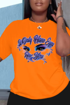 Orange lässige Patchwork-T-Shirts mit O-Ausschnitt und Vintage-Print