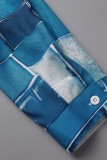 Blauw Casual Print Basic Overhemdkraag Lange mouw Grote maten jurken