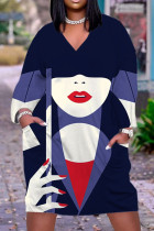 Azul Roxo Vestido casual com estampa de rua patchwork decote em V estampado