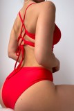 Red Sexy Solid Backless Cross Straps Swimwears (With Paddings)