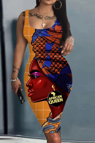 Orange Casual Print Patchwork U Neck Pencil Skirt Tank Bodycon Midi Dress
