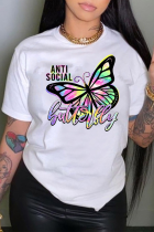 Witte sexy dagelijkse vlinderprint patchwork O-hals T-shirts