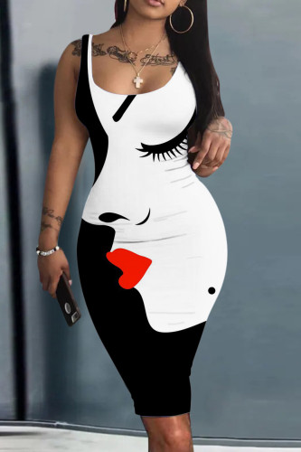 White Sexy Street Flag Print Patchwork U Neck Pencil Skirt Tank Bodycon Midi Dresses