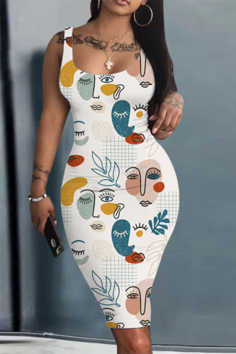 White Casual Print Patchwork U Neck One Step Skirt Dresses