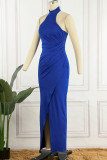 Синее сексуальное однотонное длинное платье с открытой спиной и разрезом на шее, длинное платье