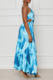 Deep Blue Sexy Elegant Print Patchwork Fold Asymmetrical Oblique Collar Irregular Dress Dresses