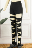 Red Casual Solid Hollowed Out Patchwork Skinny High Waist Pencil Solid Color Trousers