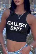 Black Street Print Letter O Neck Tops