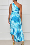 Diepblauwe sexy elegante print patchwork vouw asymmetrische schuine kraag onregelmatige jurkjurken