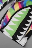 Bottoms de lápis de carta patchwork com estampa de rua colorida