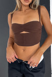 Coffee Sexy Solid Hollowed Out Patchwork Fold Tops