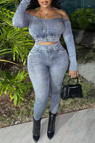 Grey Street Print Patchwork Off the Shoulder Long Sleeve Two Pieces