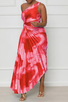 Laranja Sexy Estampa Elegante Patchwork Dobrado Gola Oblíqua Assimétrica Vestidos Vestidos Irregulares