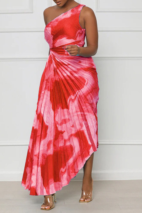 Laranja Sexy Estampa Elegante Patchwork Dobrado Gola Oblíqua Assimétrica Vestidos Vestidos Irregulares