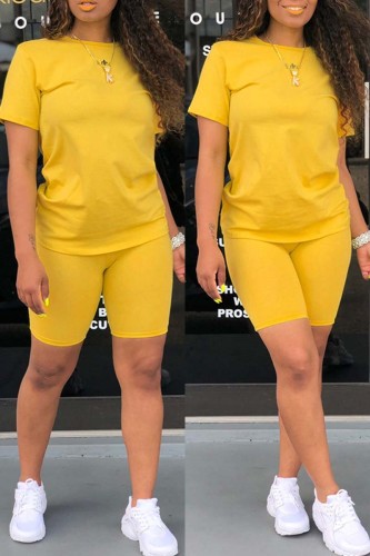 Yellow Casual Solid Basic O Neck Short Sleeve Two Pieces
