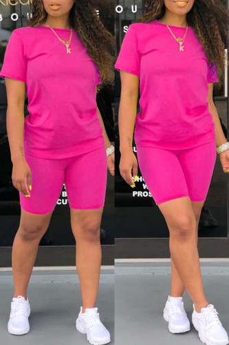 Rose Red Casual Solid Basic O Neck Short Sleeve Two Pieces