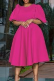 Розовые повседневные однотонные базовые платья с круглым вырезом и трапецией
