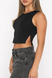Black Sexy Solid Patchwork Slit O Neck Tops
