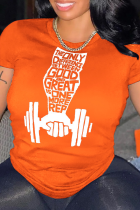 T-shirt con collo a lettera O patchwork con stampa vintage arancione