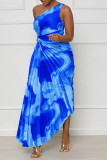 Azul Profundo Sexy Estampa Elegante Patchwork Dobrado Gola Oblíqua Assimétrica Vestidos Vestidos Irregulares