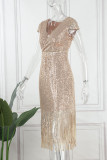 Шампанское сексуальное лоскутное платье с кисточками и блестками с V-образным вырезом вечернее платье платья