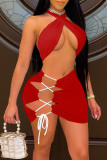 Tangerine Red Sexy Solid Bandage Hollowed Out Patchwork Halter Sleeveless Two Pieces