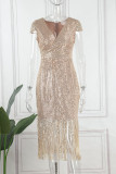Шампанское сексуальное лоскутное платье с кисточками и блестками с V-образным вырезом вечернее платье платья
