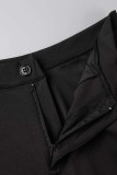 Calças pretas casuais lisas vazadas patchwork skinny cintura alta lápis cor sólida