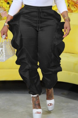 Calças de retalhos convencionais lisas pretas casuais de cintura alta
