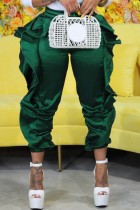 Pantalones de retazos convencionales de cintura alta regular de patchwork sólido casual verde tinta