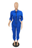 Blauw Casual Street Solid Patchwork Pocket Rits Kraag Grote maten jumpsuits