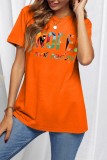 Tangerine Red Casual Letter Print Basic T-shirts met O-hals