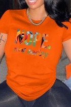 T-shirt con scollo a V basic con stampa di lettere casual rosso mandarino