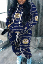 Tibétain Bleu Casual Street Print Patchwork Hooded Collar Plus Size Two Pieces